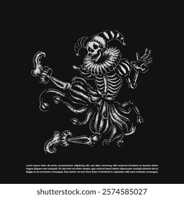 Ink hand drawn dark art skeleton clown. Dancing Jester clown costume isolated on black background