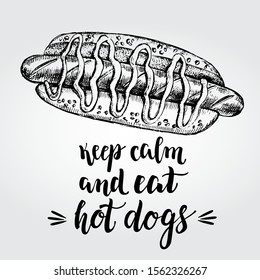 Ink hand drawn Delicious hot dog.  Fast Food elements for menu or signboard design. Vector illustration with brush calligraphy style lettering.