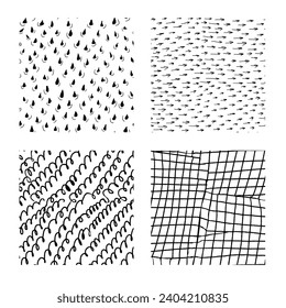 Ink hand drawn doodle abstract seamless textures. Set of four seamless textures with scribbles, drops, crossed lines and arrows lines. Modern trendy background or illustration.