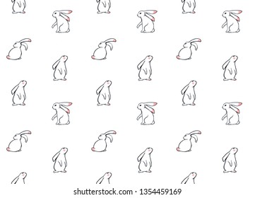 Ink hand drawn doodle pattern with bunnies seamless