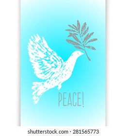Ink hand drawn dove with olive branch illustration