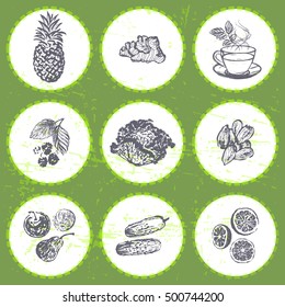 Ink hand drawn fat burners fruits and veggies 