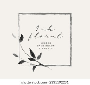 Ink hand drawn floral frame, logo with branches and leaves elements.  Vector for label, corporate identity, wedding invites and stationery, branding, greeting card, print products