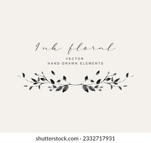 Ink hand drawn floral frame, wreath with branches and leaves elements.  Vector for label, logo, corporate identity, wedding invites and stationery, branding, greeting card, print products