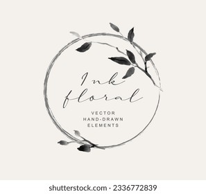 Ink hand drawn floral frame, wreath with branches and leaves elements.  Vector for label, corporate identity, wedding invites and stationery, branding, logo, greeting card, print products