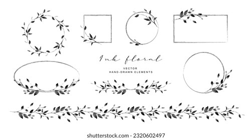 Ink hand drawn floral frames, wreaths with branches and leaves elements.  Vector for label, logo, corporate identity, wedding invites and stationery, branding, greeting card, print products