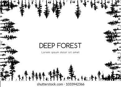 Ink hand drawn forest. Design collection. Horizontal banner with frame border decoration
