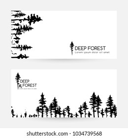 Ink hand drawn forest. Design collection. Horizontal banners with border elements