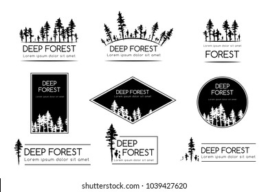 Ink hand drawn forest. Design collection. Emblems and badges with decorative elements