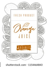 Ink hand drawn frame of orange fruit, black outline. Food element collection. Vintage sketch. Black outline. Vector illustration