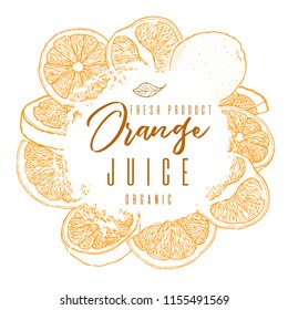 Ink hand drawn frame of orange fruit. Color contour of objects.Food element collection. Vintage sketch. Color label for products, package design Vector illustration