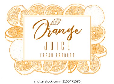 Ink hand drawn frame of orange fruit. Color contour of objects.Food element collection. Vintage sketch. Color label for products, package design Vector illustration