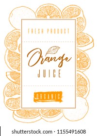 Ink hand drawn frame of orange fruit. Color contour of objects.Food element collection. Vintage sketch. Color label for products, package design Vector illustration