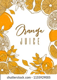 Ink hand drawn frame of orange fruit. Food element collection. Vintage sketch. Color label for products, package design Vector illustration
