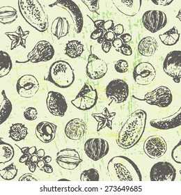 Ink hand drawn fruits and vegetables seamless pattern