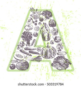 Ink hand drawn fruits and vegetables that contain vitamin A 