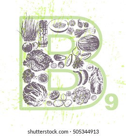 Ink hand drawn fruits and veggies that contain vitamin B9