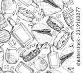 Ink hand drawn graphic vector sketch. Seamless pattern with scottish symbol objects. Traditional food and drink. Haggis, scotch pie whisky whiskey. Design for wallpaper, print, paper, textile, fabric