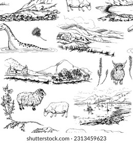 Ink hand drawn graphic vector sketch. Seamless pattern, scottish symbol landscapes and animals. Sheep, hairy coo cow, Loch Ness monster, heather. Design for wallpaper, print, paper, textile, fabric.