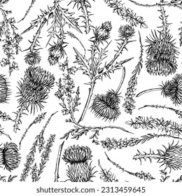 Ink hand drawn graphic vector sketch. Seamless pattern, scottish symbol objects. Heather, thistle and scotch broom flower branches. nature bloom. Design for wallpaper, print, paper, textile, fabric