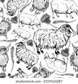 Ink hand drawn graphic vector sketch. Seamless pattern with scottish symbol objects. Sheep and horned ram, hairy coo cow, animals, thistle flower. Design for wallpaper, print, paper, textile, fabric