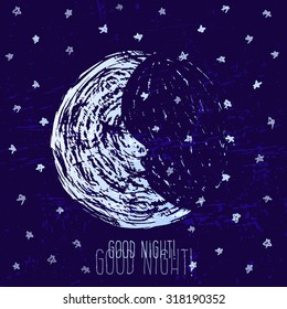 Ink hand drawn graphics with moon and stars/Vector illustration with textured night sky/Card with painted moon and stars on dark blue background