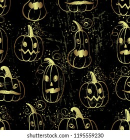 Ink hand drawn halloween pattern with pumpkin characters