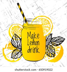 Ink hand drawn illustration with lemon drink, lemons and leaves of tea