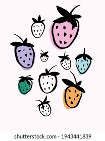Ink hand drawn illustration of strawberries. Summer time poster