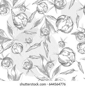 Ink hand drawn illustrations of ornate peonies. Flower buds, leaves and stems, beautiful card design, seamless pattern, Vector