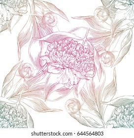 Ink hand drawn illustrations of ornate peonies. Flower buds, leaves and stems, beautiful card design, seamless pattern, Vector