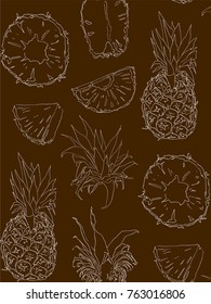 Ink hand drawn isolated pineapples seamless pattern on white background. Sketched abstract vector food illustration. Design artistic element for card, print, template, wallpaper, texture, cover