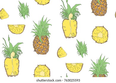 Ink hand drawn isolated pineapples seamless pattern on white background. Sketched abstract vector food illustration. Design artistic element for card, print, template, wallpaper, texture, cover