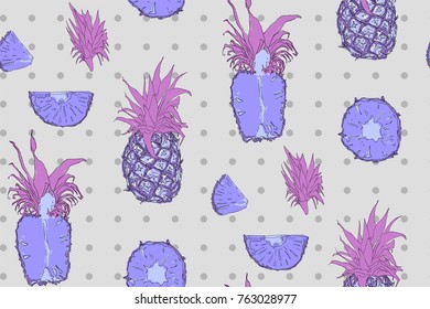 Ink hand drawn isolated pineapples seamless pattern on gray background. Sketched abstract vector food illustration. Design artistic element for card, print, template, wallpaper, texture, cover