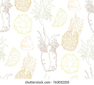 Ink hand drawn isolated pineapples seamless pattern on white background. Sketched abstract vector food illustration. Design artistic element for card, print, template, wallpaper, texture, cover