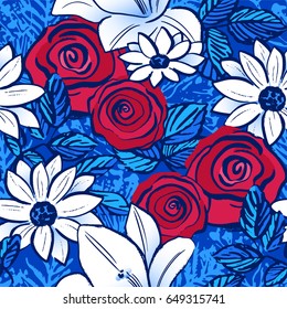 Ink hand drawn July 4th Independence day seamless pattern with Summer flowers Roses, Lilies and Chamomiles