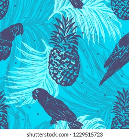 Ink hand drawn Jungle seamless pattern with Birds on Palm leaves background