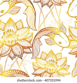 Ink hand drawn koi fish seamless pattern