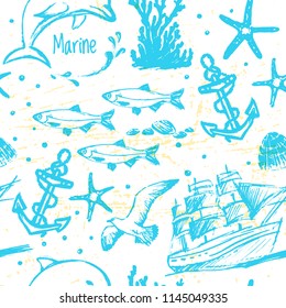 Ink hand drawn marine world seamless pattern