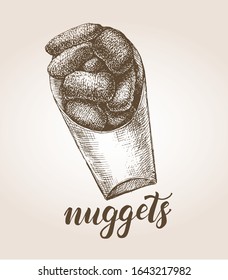 Ink hand drawn nuggets.  Fast Food elements collection for menu or signboard design. Vector illustration with brush calligraphy style lettering.