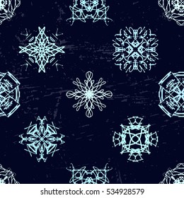 Ink hand drawn ornamental design snowflakes seamless pattern