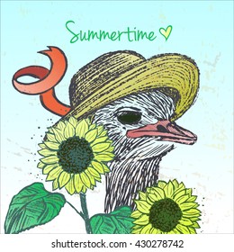 Ink hand drawn ostrich in sunflowers/Summer illustration with camel-bird in flowers