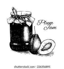 Ink hand drawn plum jam jar illustration on white background. Harvest autumn illustration