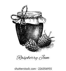 Ink hand drawn raspberry jam jar illustration on white background. Harvest autumn illustration