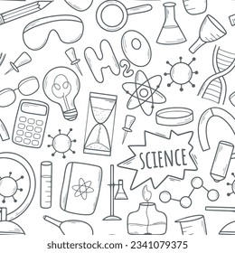 Ink hand drawn science seamless pattern. Chemistry, biologists and physics background. Print concept scientific research, experiments and study, vector illustration