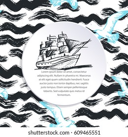 Ink hand drawn Sea cruise vector background on abstract sea seamless pattern with waves and seagulls