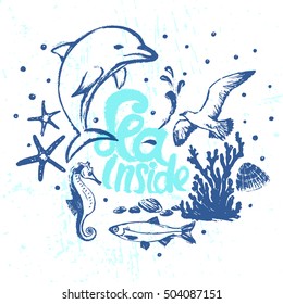 Ink hand drawn Sea inside vector card with marine flora and fauna