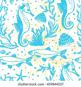 Ink hand drawn sealife seamless pattern