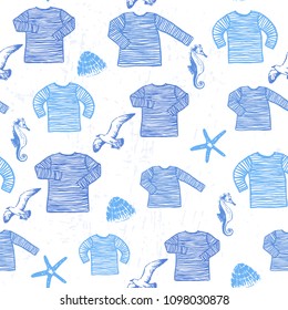 Ink hand drawn seamless pattern with seamen singlets, seashells, starfishes and seagulls