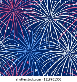 Ink hand drawn seamless pattern with fireworks in the night sky 